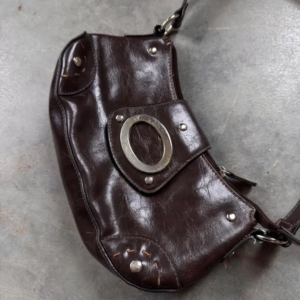 Brown faux leather y2k grunge bag with silver hardware studded details